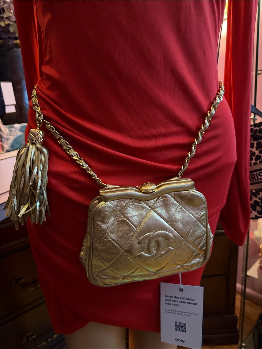 CHANEL 1985 Vintage Rare Gold Quilted Mini Waist Bag/ Crossbody with Tassel - Picture 3 of 9